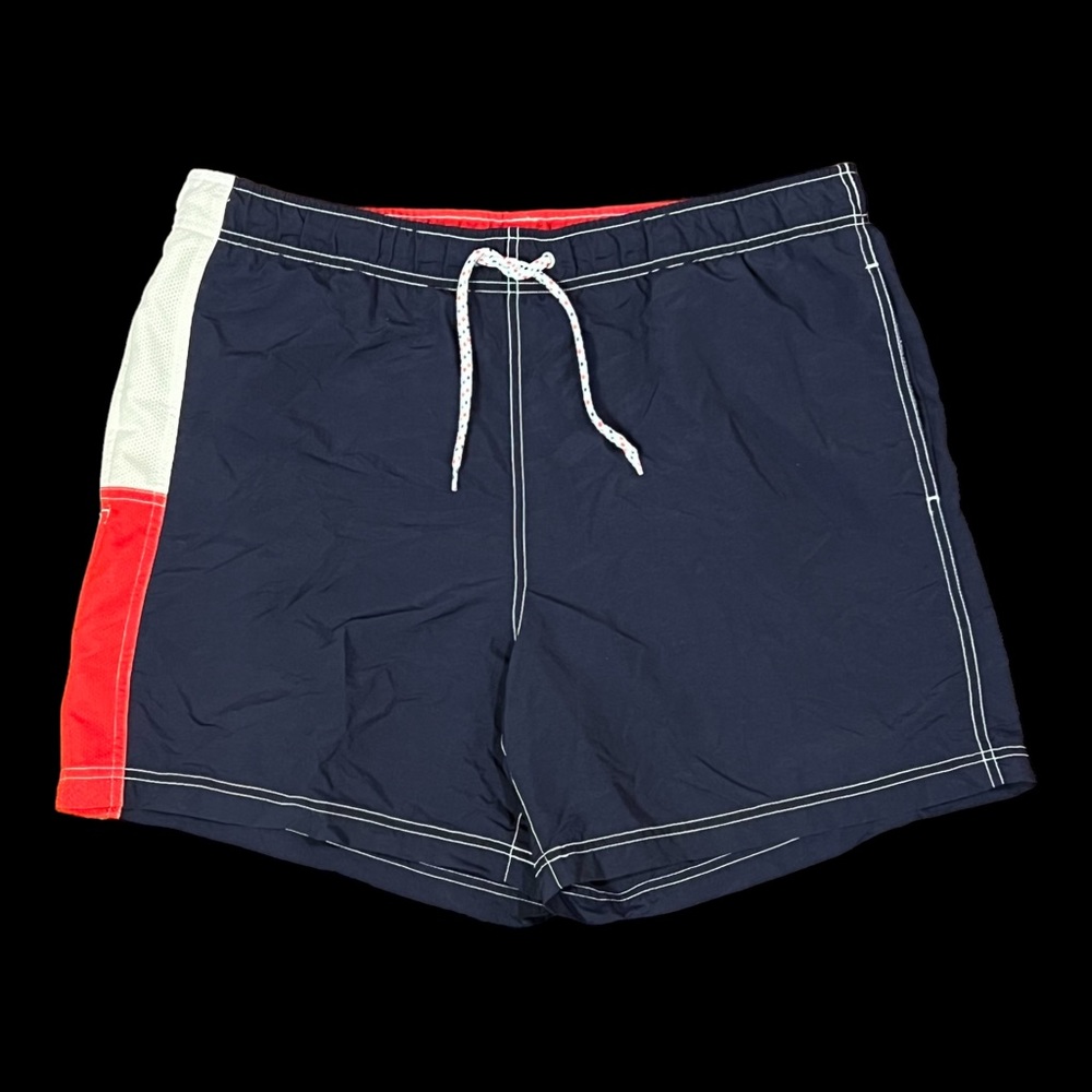 Tommy Hilfiger Large Red White Blue Drawstring Swim Trunks Pockets Mesh Lined